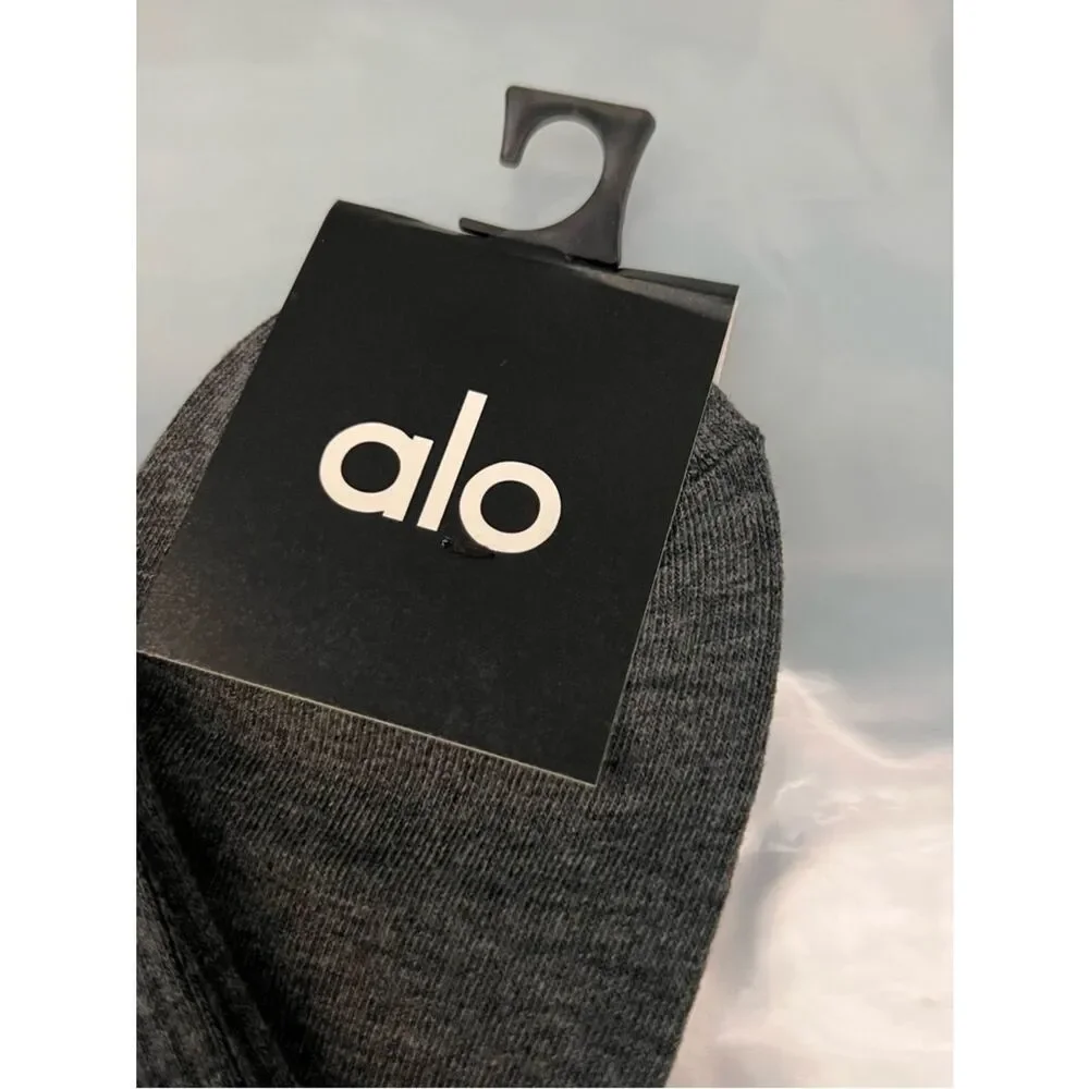 ALO Yoga unisex half crew understated socks in gray embroidered logo